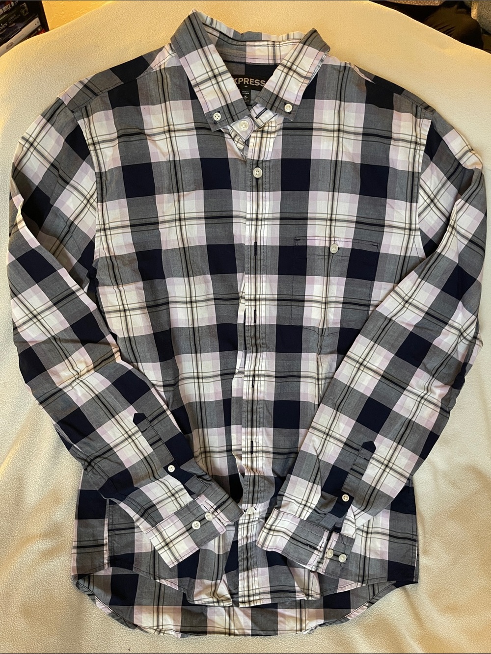 Medium Express Men’s Navy, Gray and lavender Plaid Button-Down Shirt